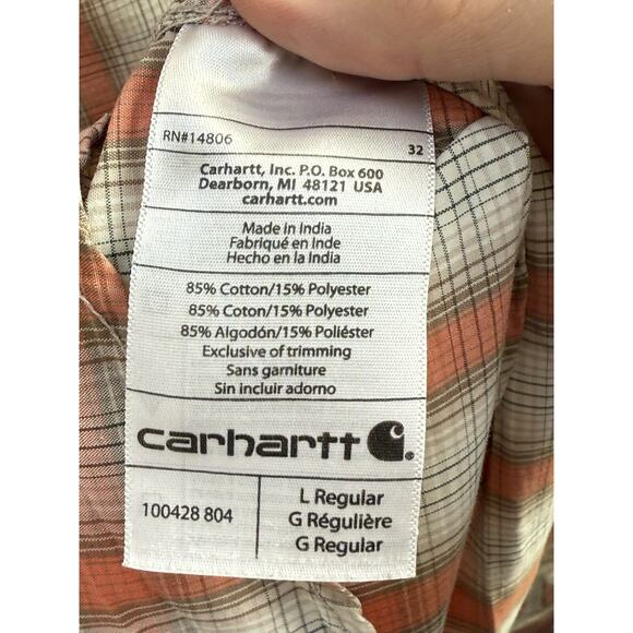 Carhartt Relaxed Fit Orange Plaid Short Sleeve Pearl Snap‎ Men's Size Large - Picture 7 of 8